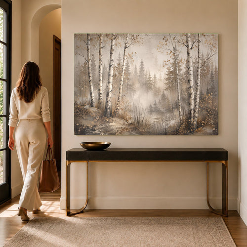 Birch Mist Glass Wall Art hanging above a neutral modern sofa in a bright living room
