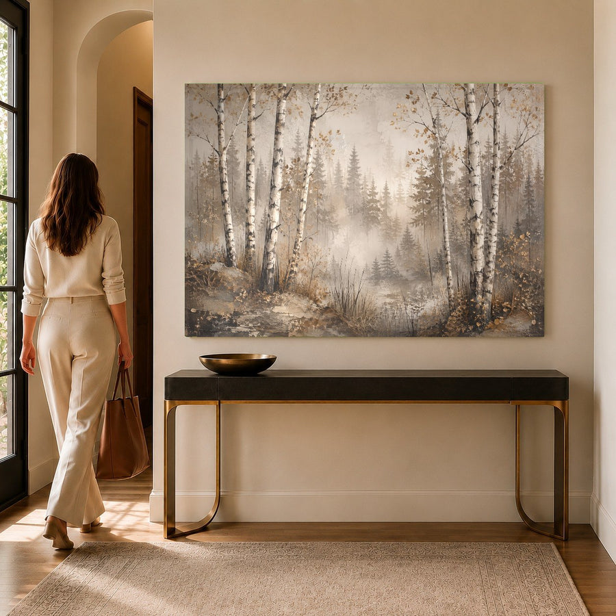 Misty forest tempered glass wall art centered above a minimalist wooden bed frame