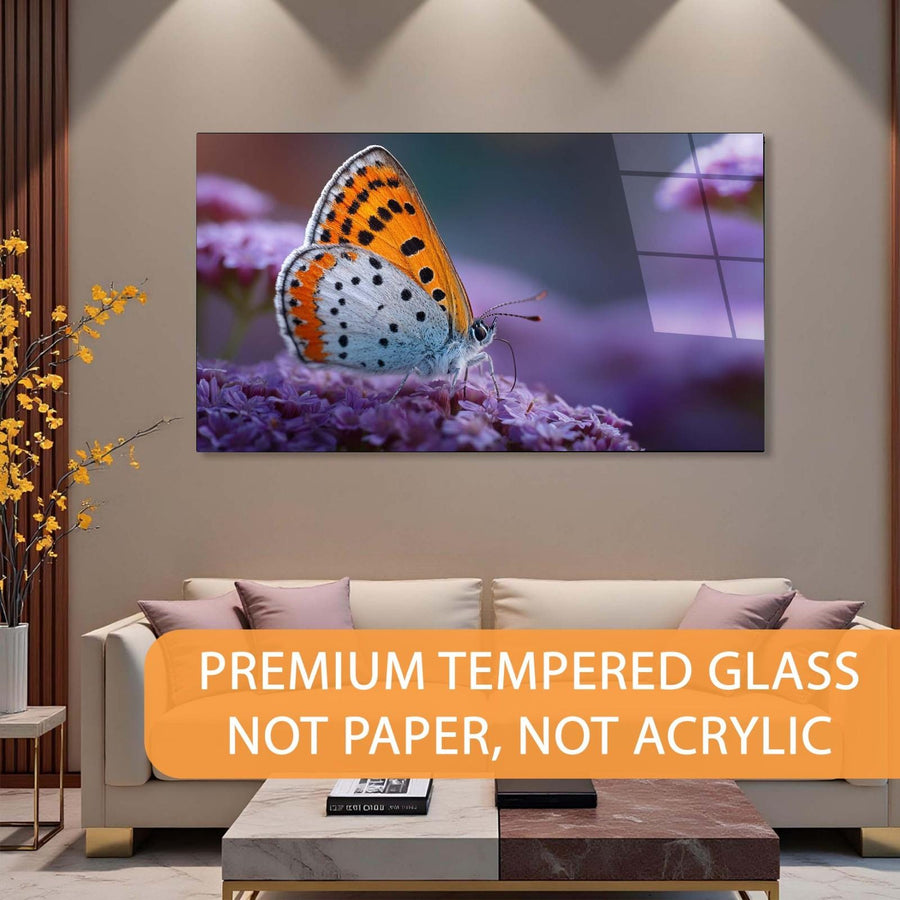 Butterfly on a flower displayed on a wall in a living room with text about premium tempered glass.