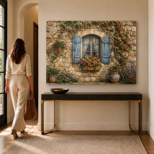 Rustic window glass wall art hanging above a beige fabric sofa in a cozy farmhouse living room.