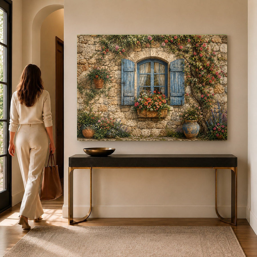 A country cabin tempered glass print mounted on a wood-paneled wall in a rustic bedroom.