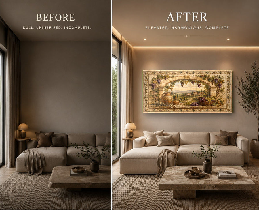 Mediterranean landscape glass wall art featured in a modern kitchen with stone countertops