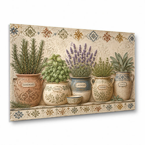 A vibrant flower pot glass wall art print hanging above a rustic wooden console table in a bright entryway.