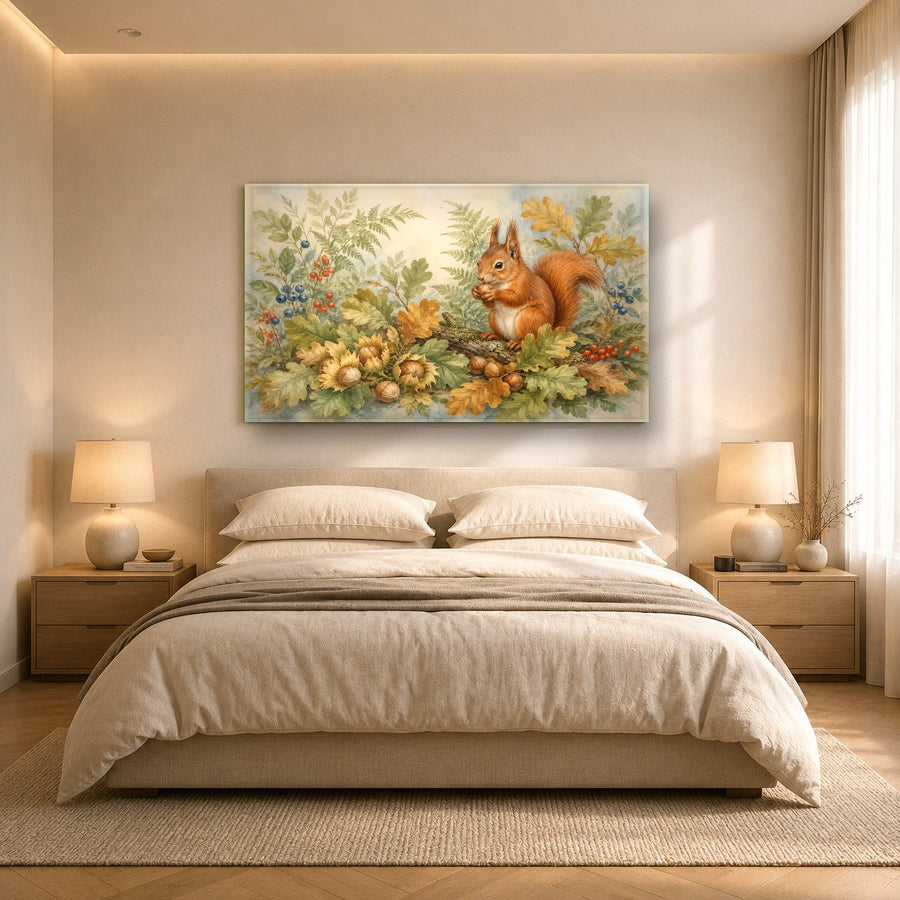 Charming squirrel art piece hanging in a spa waiting area