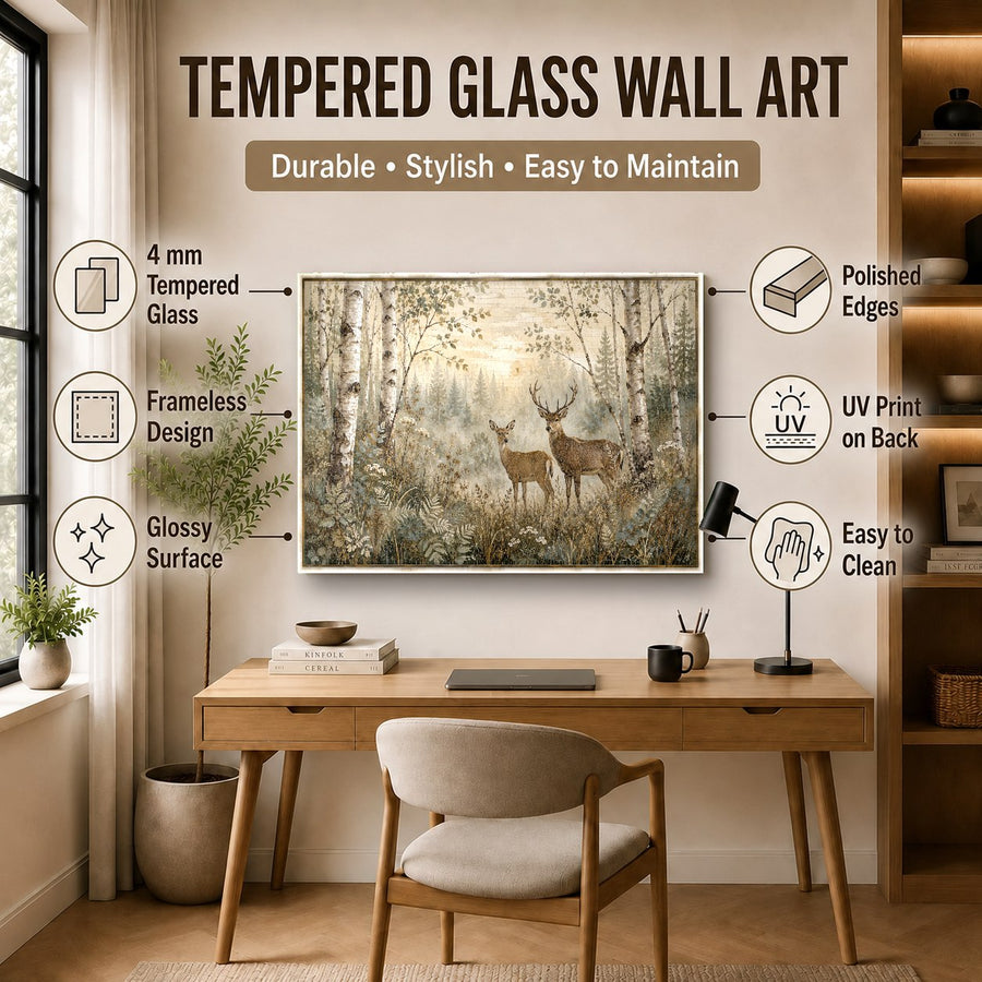 Deer family wildlife wall art displayed in a peaceful mountain retreat living room