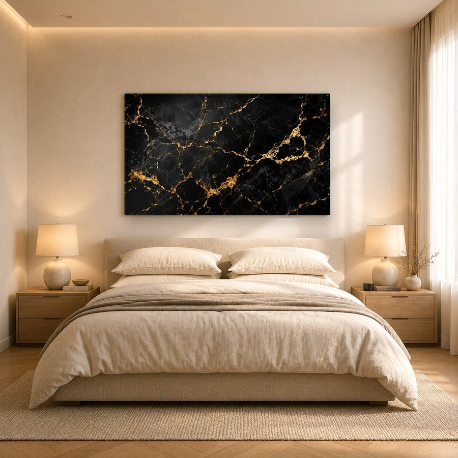 A large Noir Marble glass print bringing a sophisticated, dramatic vibe to a bright, sunlit loft.