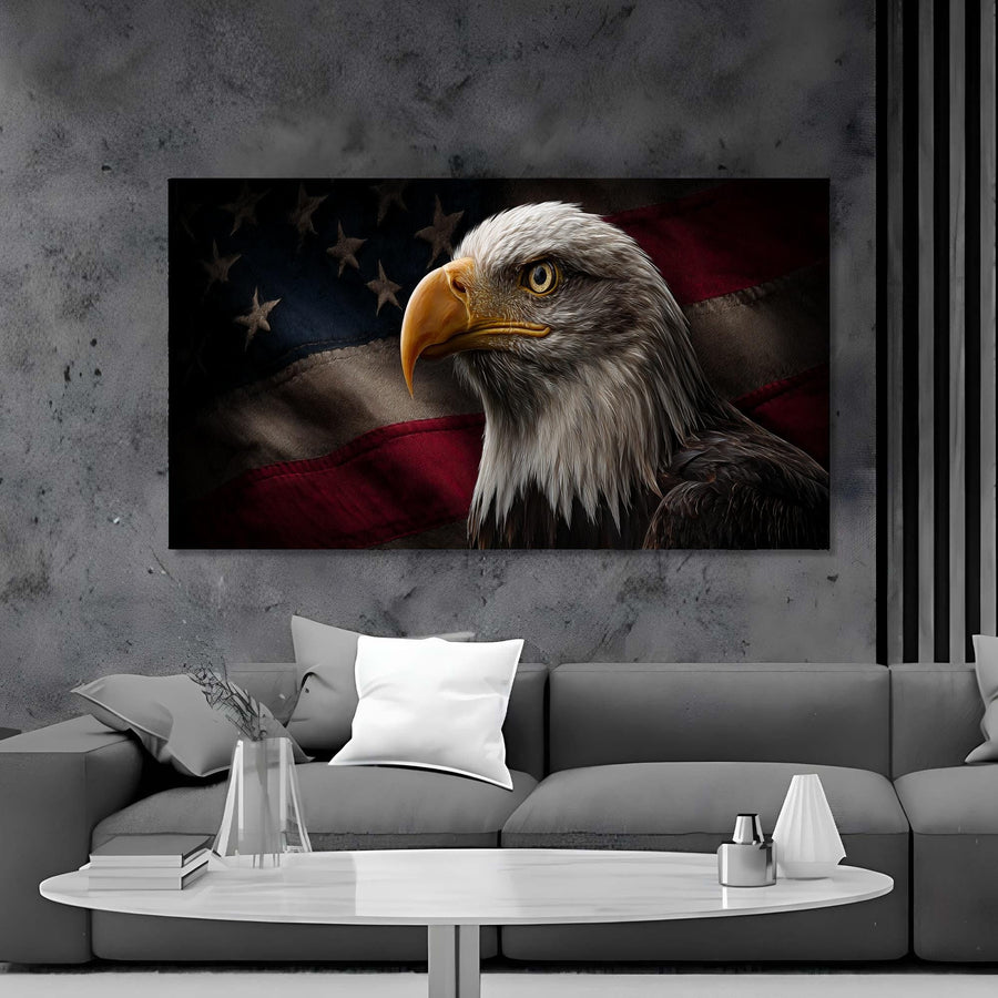 Eagle painting with American flag on a gray wall above a gray sofa.