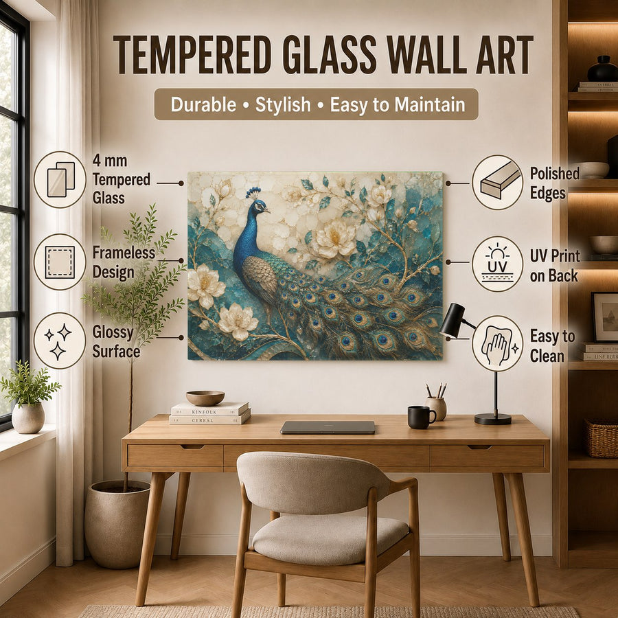 A minimalist bedroom featuring the stunning peacock glass wall art above a king-sized bed.