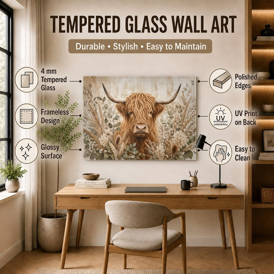 Close-up view of a high-gloss cow glass print catching the light in a sunlit rustic entryway.