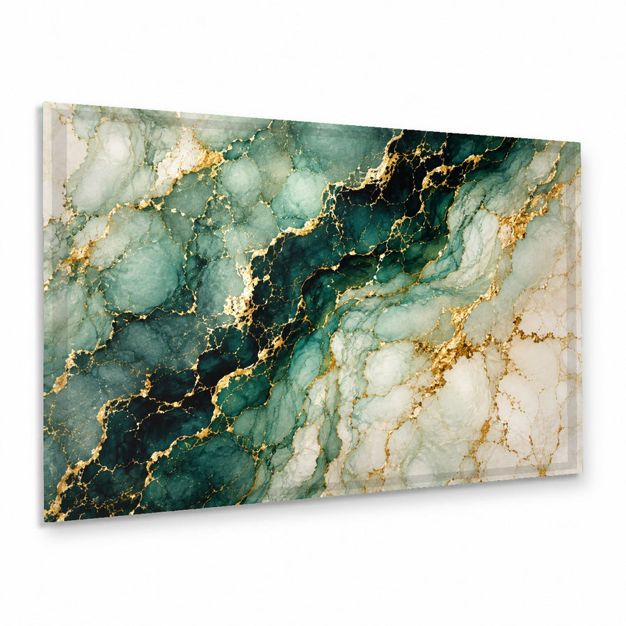 Emerald Veins glass wall art hanging above a plush emerald green velvet sofa in a modern, luxury living room.
