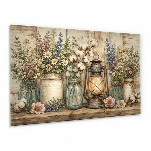Rustic barn window glass wall art hanging above a beige fabric sofa in a cozy farmhouse style living room.