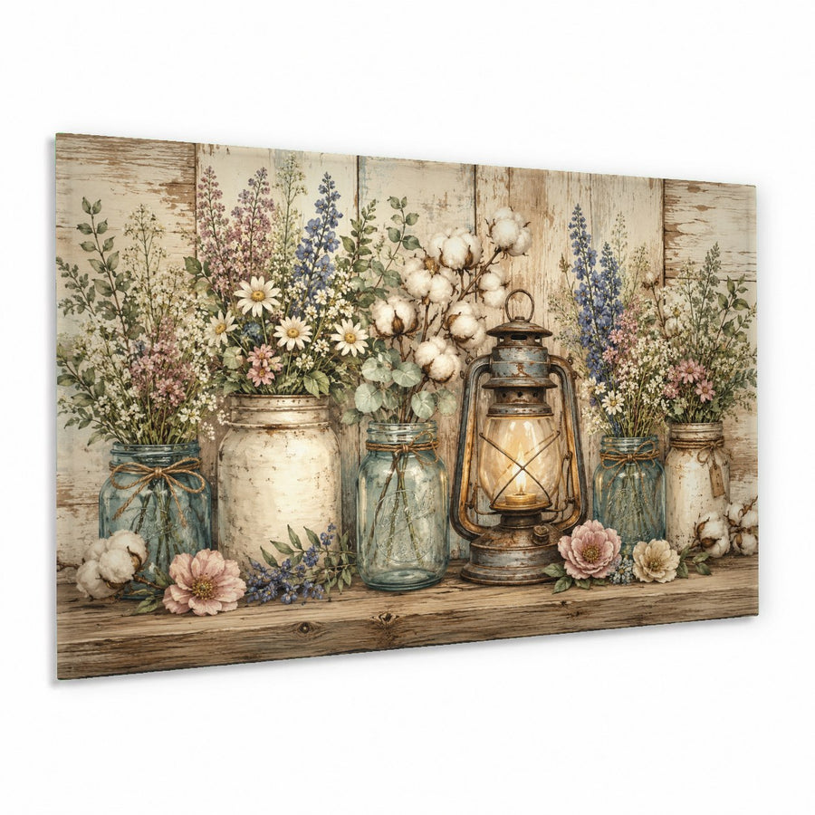 Rustic barn window glass wall art hanging above a beige fabric sofa in a cozy farmhouse style living room.