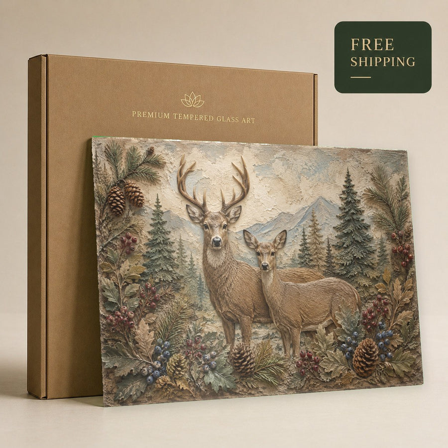 Animal glass print featuring deer family hanging in a sunlit hallway with warm lighting
