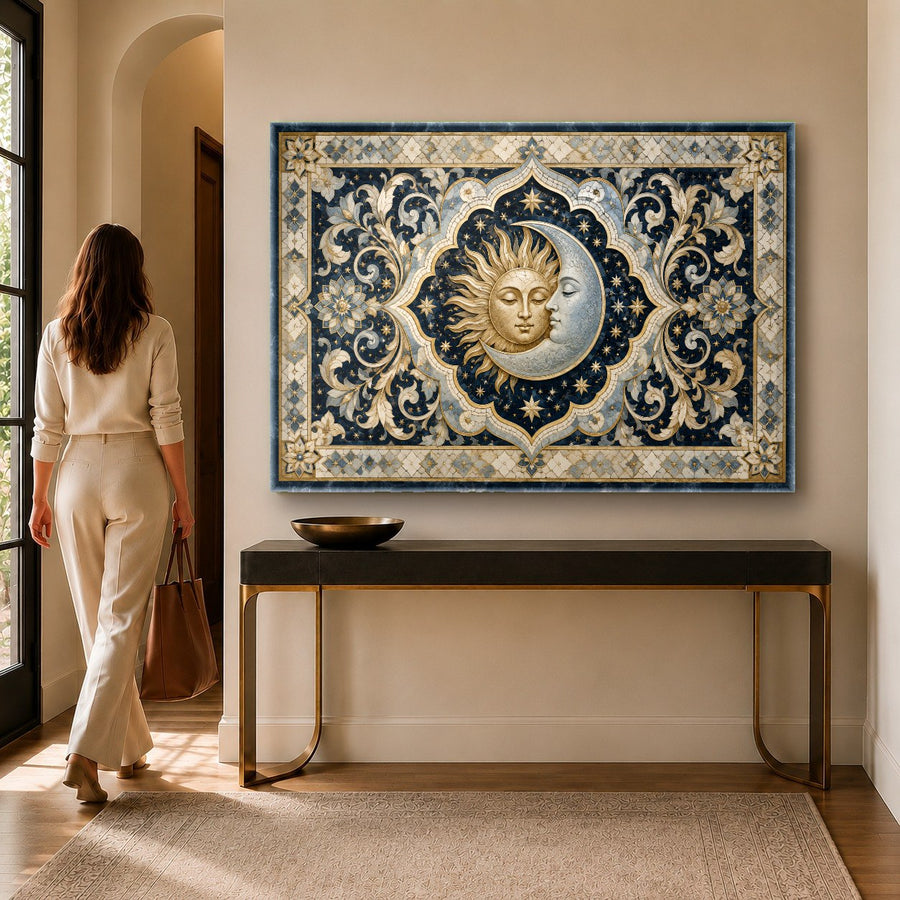 Close-up of a cosmic sun and moon tempered glass print showcasing the vibrant gold and deep blue details.