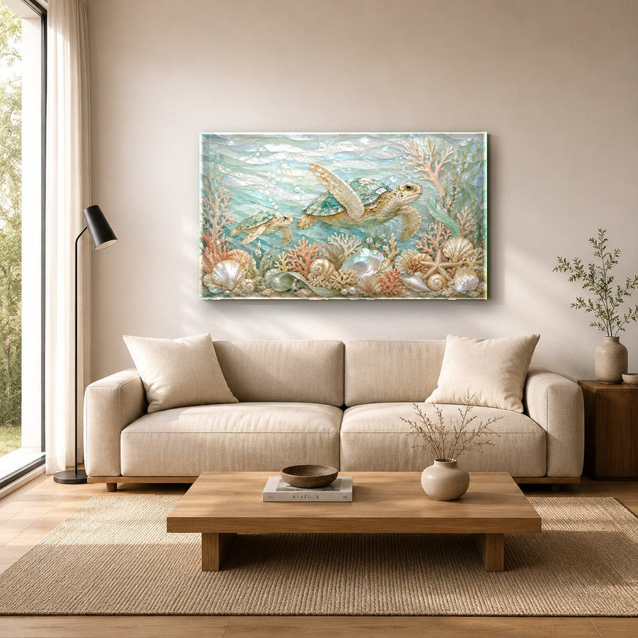 Frameless tempered glass turtle art styled in a contemporary home office