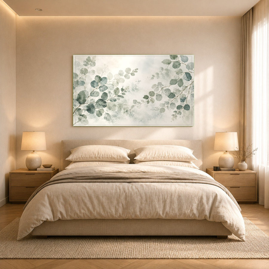 Eucalyptus Serenity glass wall art complementing a modern boho-style bedroom with rattan decor.