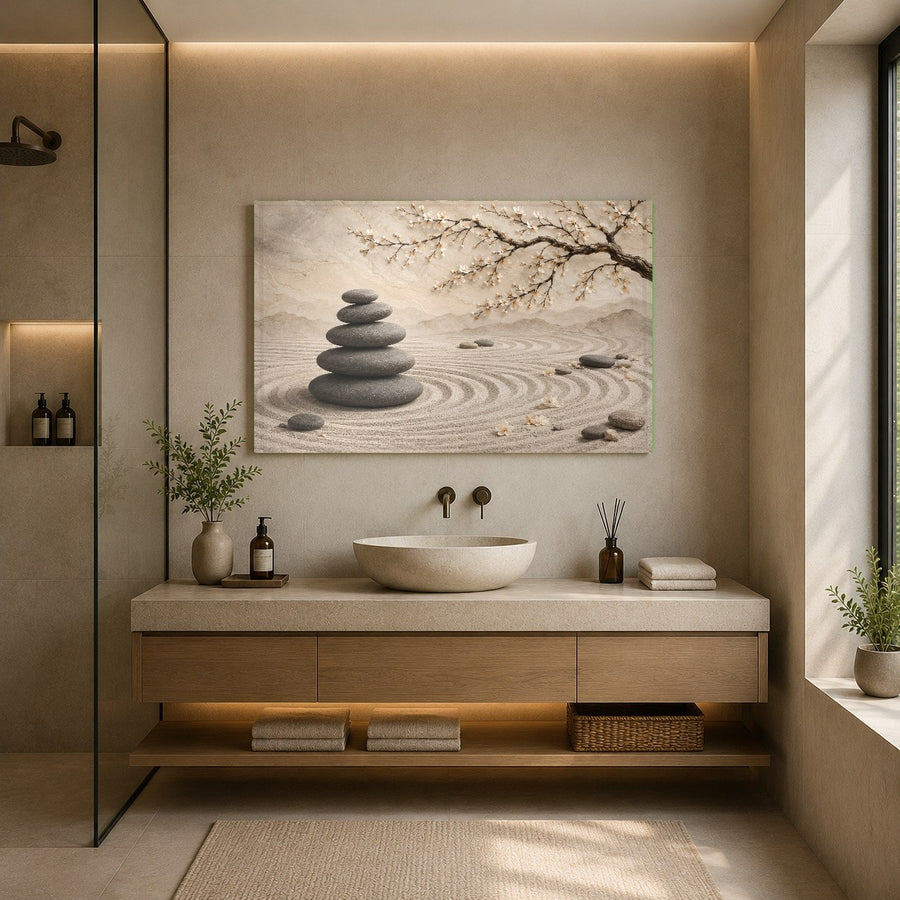 Tempered glass floral print hanging in a minimalist bathroom above a freestanding soaking tub.