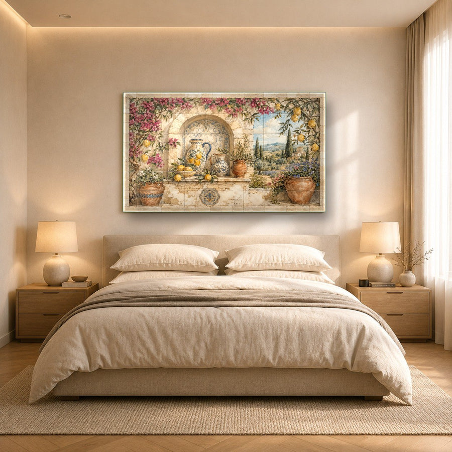Side view of a premium tempered glass lemon print hanging securely in a chic, sunlit restaurant dining area.