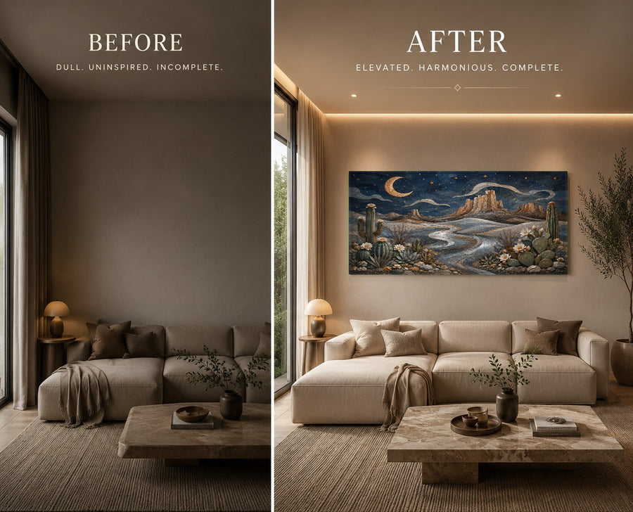 The mystical desert moon glass art mounted on a dark accent wall in a cozy bedroom with terracotta bedding.