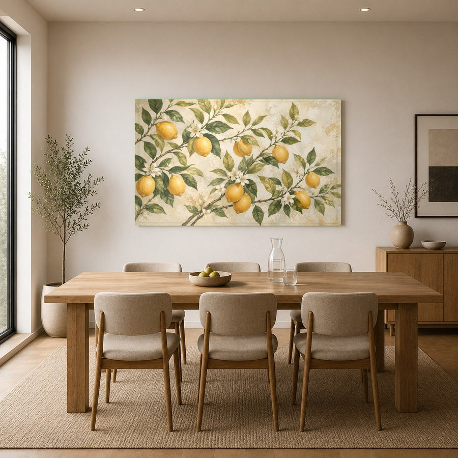 Mediterranean style botanical glass print adding a fresh, organic touch to a minimalist office space.