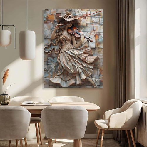Decorative wall art of a woman playing a violin with a mosaic background