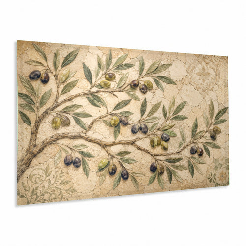 Olive Grove Glass Wall Art hanging above a rustic wooden dining table