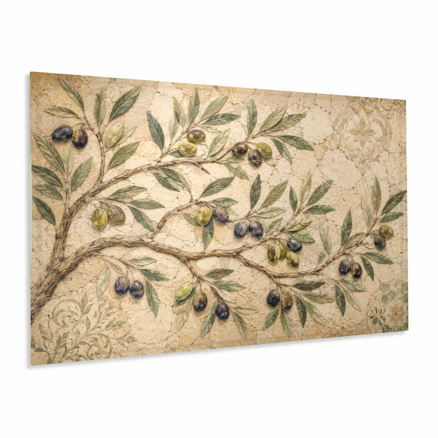 Olive Grove Glass Wall Art hanging above a rustic wooden dining table