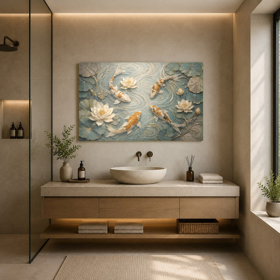 Luxury hotel lobby lounge showcasing the vibrant Koi Lotus glass wall art under soft recessed lighting.