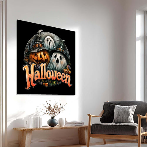Halloween-themed design with pumpkins and ghosts on a black background