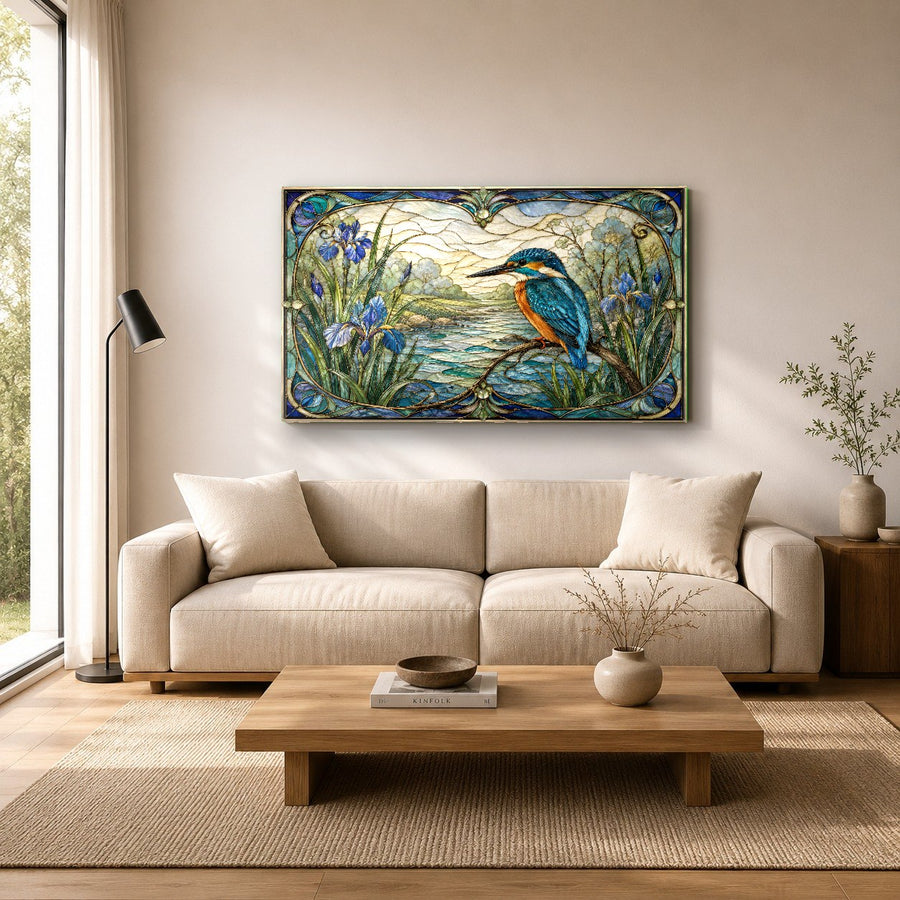 Nature themed glass wall decor placed in a bright and airy sunroom seating area