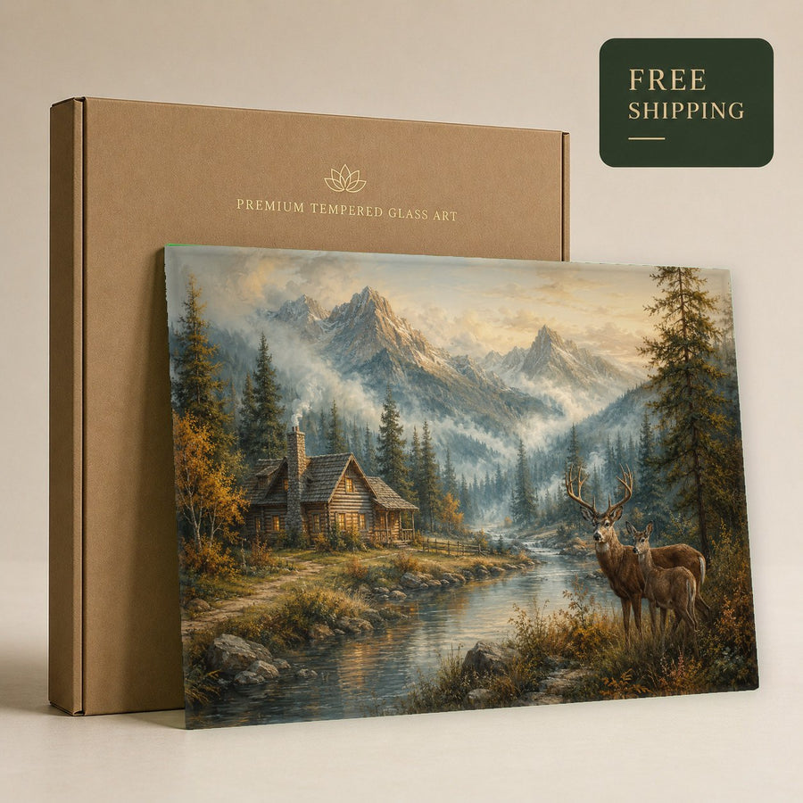 A vibrant landscape glass art print adding a touch of nature to a cozy cabin fireplace mantel area.