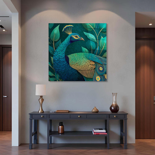 Decorative panel with a peacock design on a green leafy background