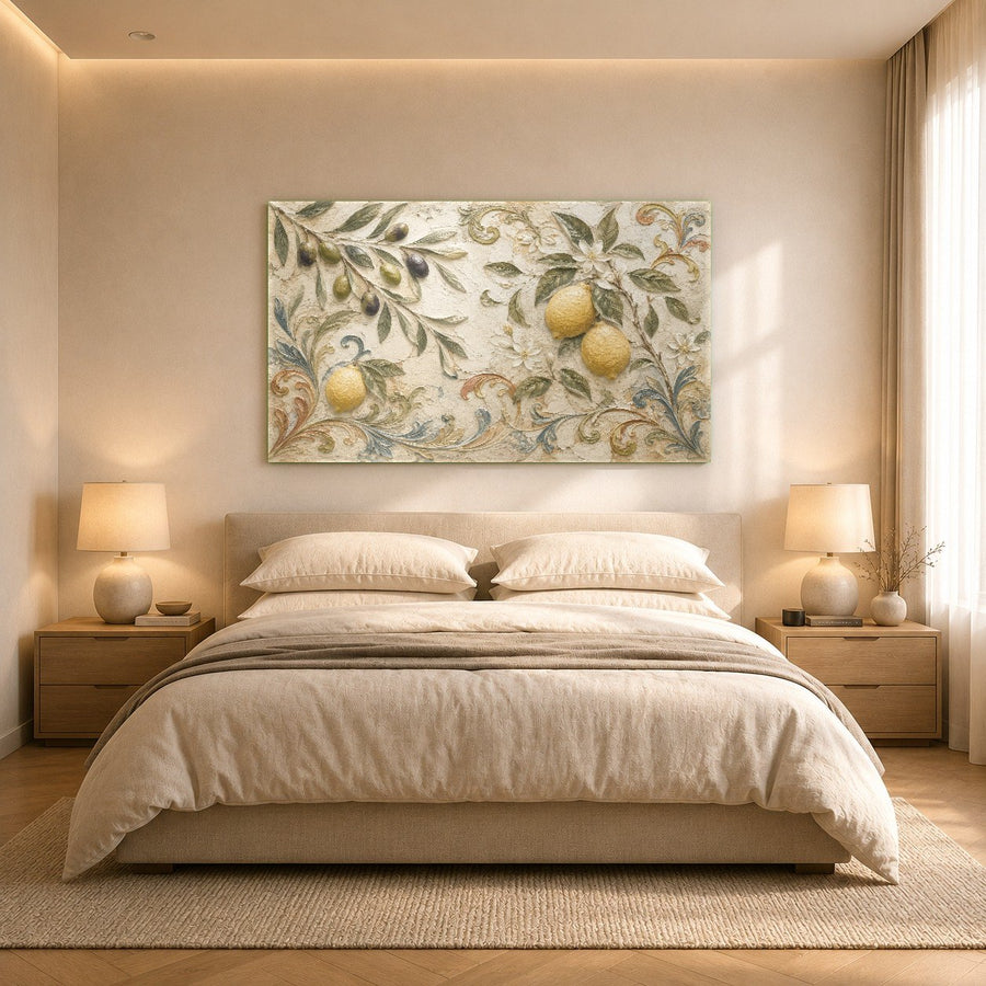 Side angle of a glossy lemon and olive botanical glass art piece mounted in a minimalist hallway.