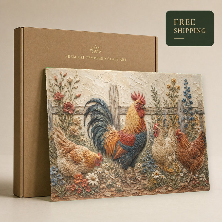 Farmhouse rooster art piece styled in a charming entryway interior design