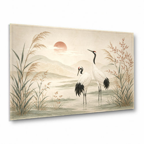Lake Birds Glass Wall Art hanging above a modern neutral sofa in a bright living room