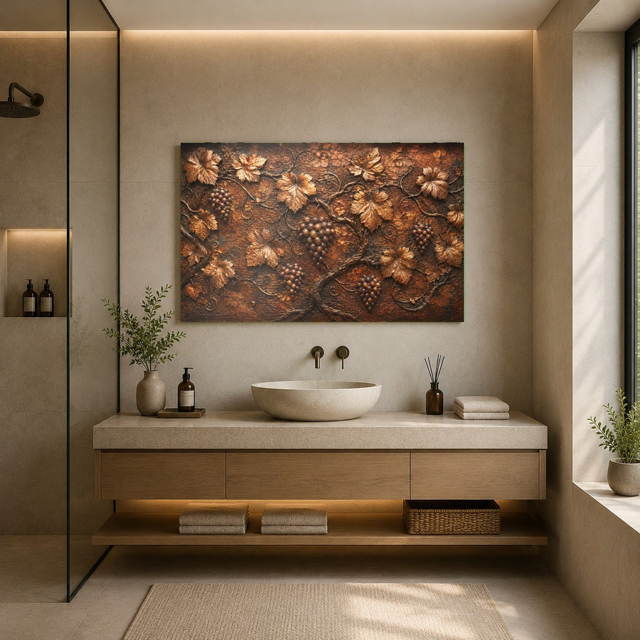 Frameless Bronze Vineyard glass wall art hanging on a stone fireplace mantle in a rustic mountain lodge.
