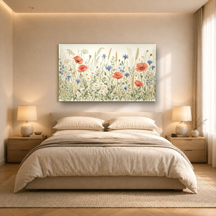 Wild flowers wall art mounted above a wooden console table in an entryway