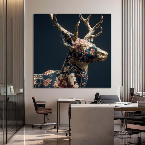 Decorative deer head with floral patterns on a dark background