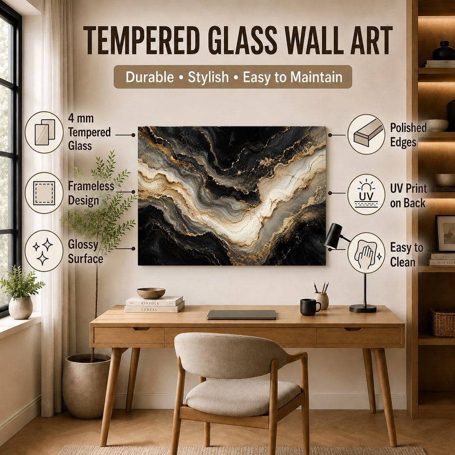 Frameless golden marble glass wall decor reflecting warm lighting in a minimalist dining room setting.