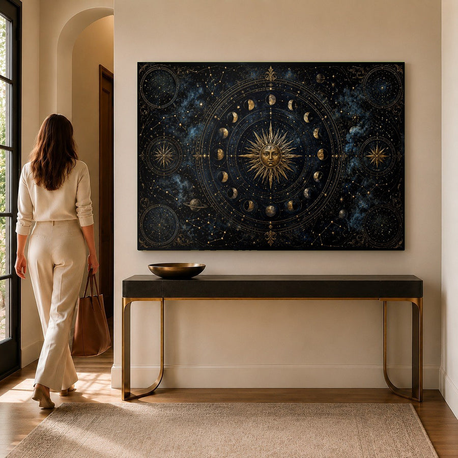 Celestial map tempered glass print styled above a dark wood desk in a sophisticated home office.