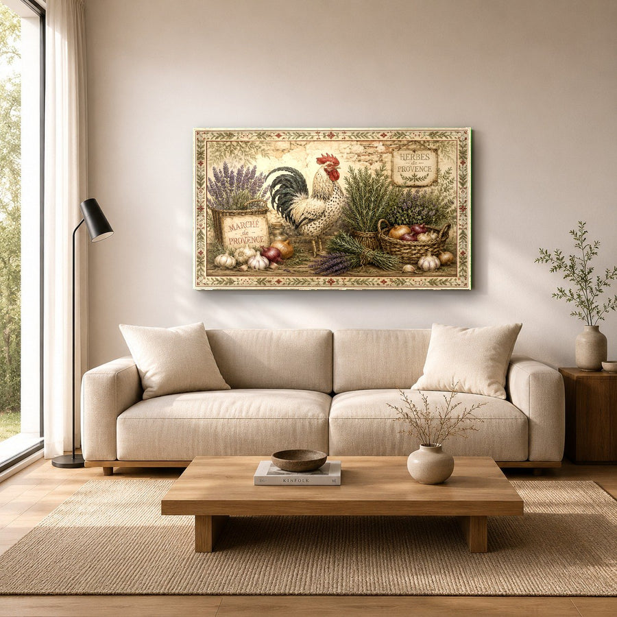 Farmhouse wall art on glass hung in a sunlit breakfast nook interior