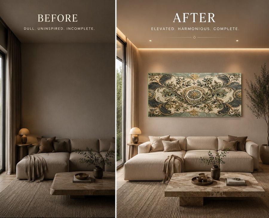 A close-up of the glossy, scratch-resistant Olive Majesty glass art reflecting natural light in a sunny living room.