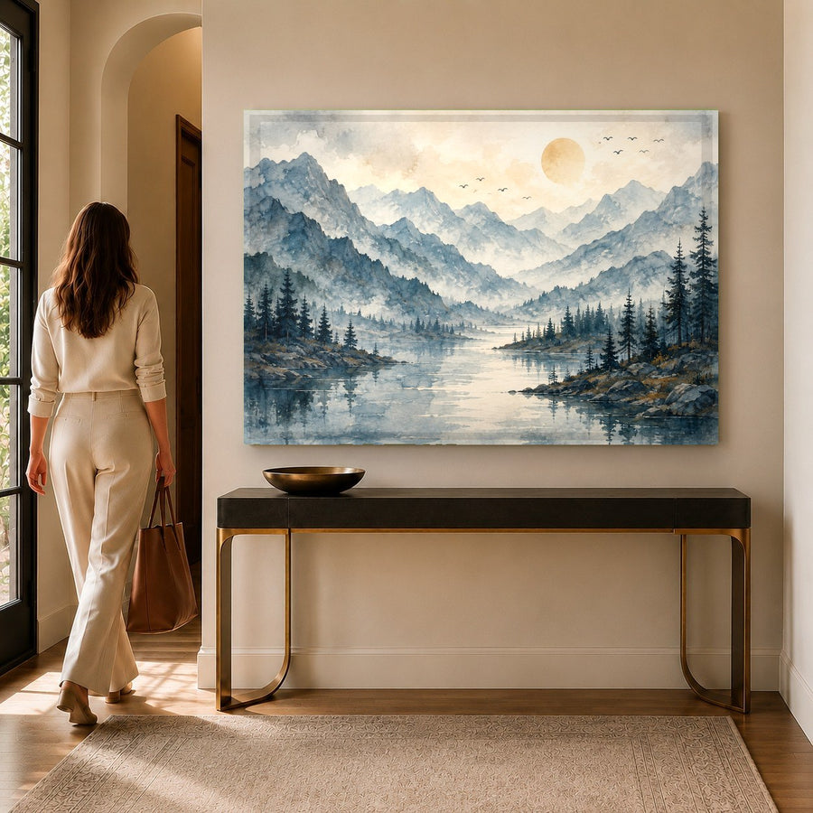A close-up shot of the high-gloss foggy lake glass print mounted on a neutral bedroom wall over the bed.
