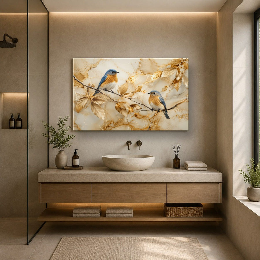 Birds Peacocks 1 tempered glass wall art displayed in a Bathroom Wall Art — premium UV-printed glass panel by Glass Wall Decor