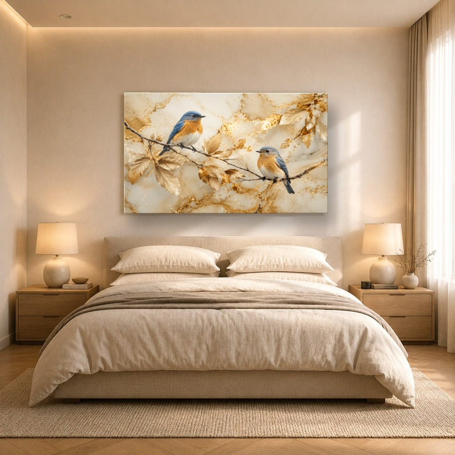Birds Peacocks 1 tempered glass wall art displayed in a Bedroom Wall Art — premium UV-printed glass panel by Glass Wall Decor