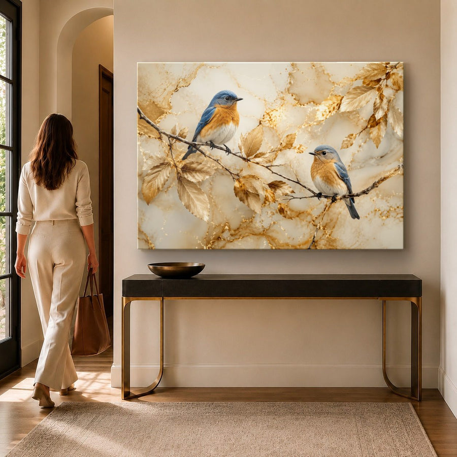 Birds Peacocks 1 tempered glass wall art displayed in a Entryway Wall Art — premium UV-printed glass panel by Glass Wall Decor
