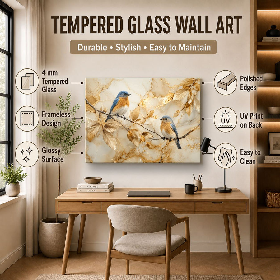Birds Peacocks 1 tempered glass wall art displayed in a Office Wall Art — premium UV-printed glass panel by Glass Wall Decor