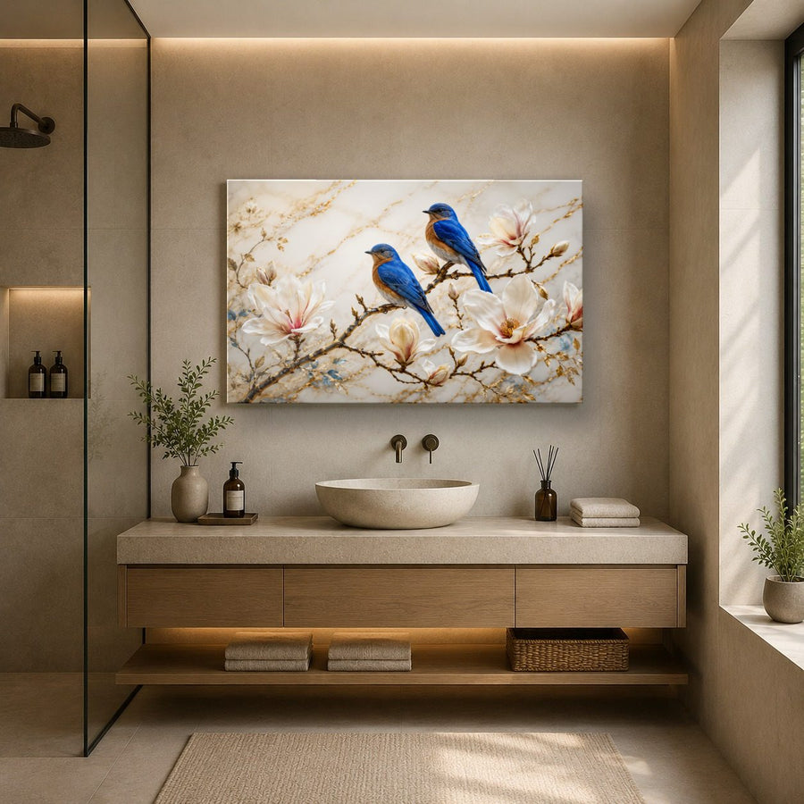 Birds Peacocks 10 tempered glass wall art displayed in a Bathroom Wall Art — premium UV-printed glass panel by Glass Wall Decor