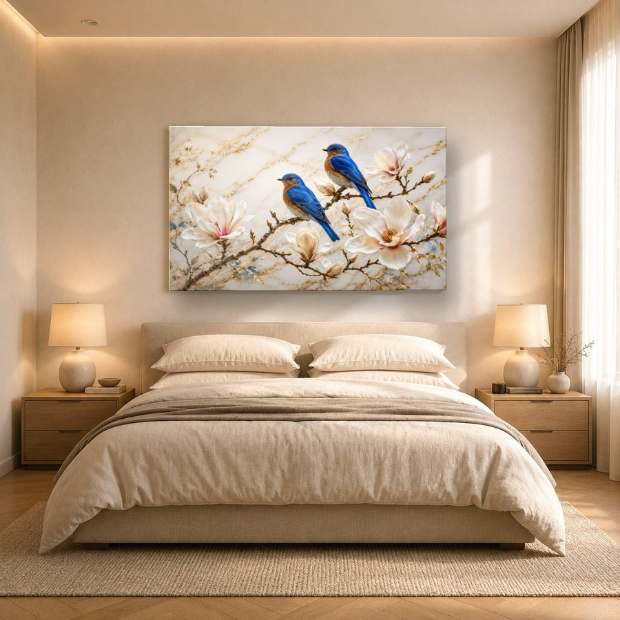 Birds Peacocks 10 tempered glass wall art displayed in a Bedroom Wall Art — premium UV-printed glass panel by Glass Wall Decor