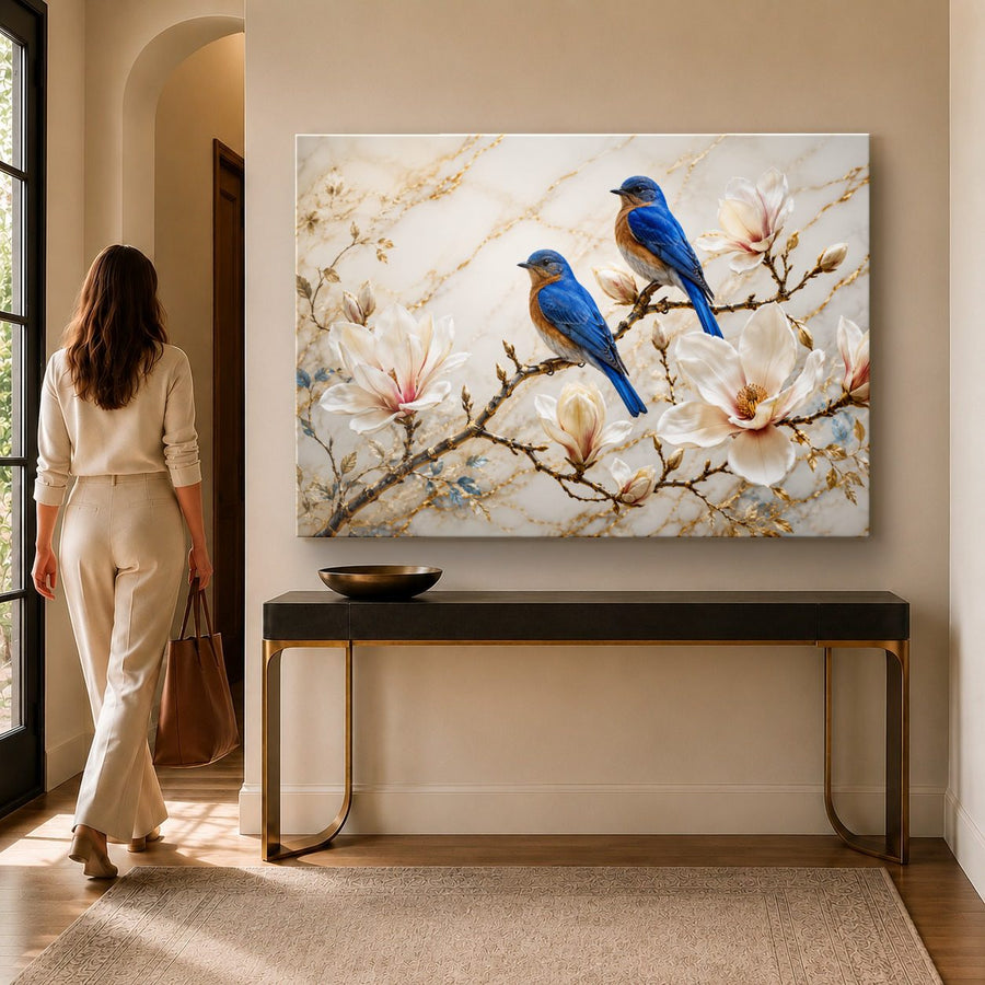 Birds Peacocks 10 tempered glass wall art displayed in a Entryway Wall Art — premium UV-printed glass panel by Glass Wall Decor